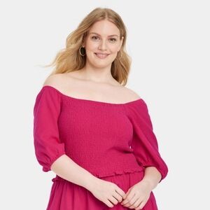 Women's Off Shoulder Puff Elbow Sleeve Blouse - Universal Thread Pink